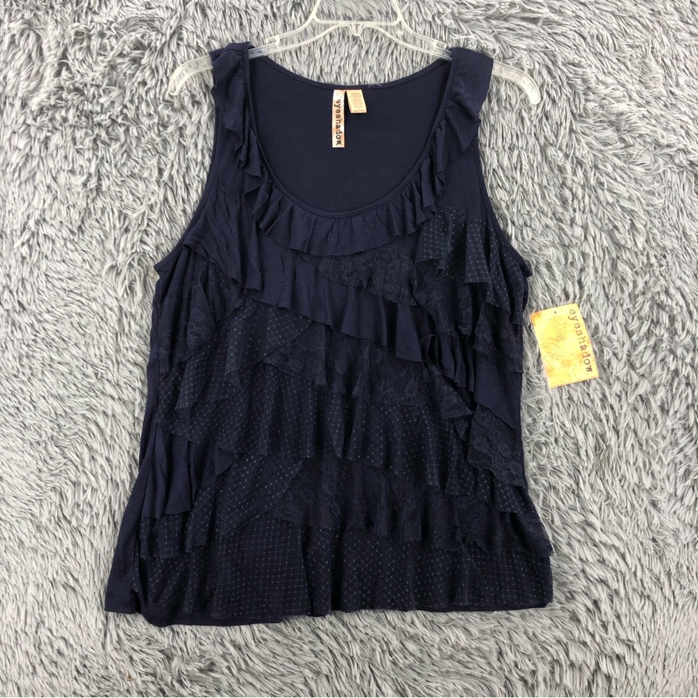 Eyeshadow Blouse Womens 2X NWT Ruffled Layered Lace Detail Blue